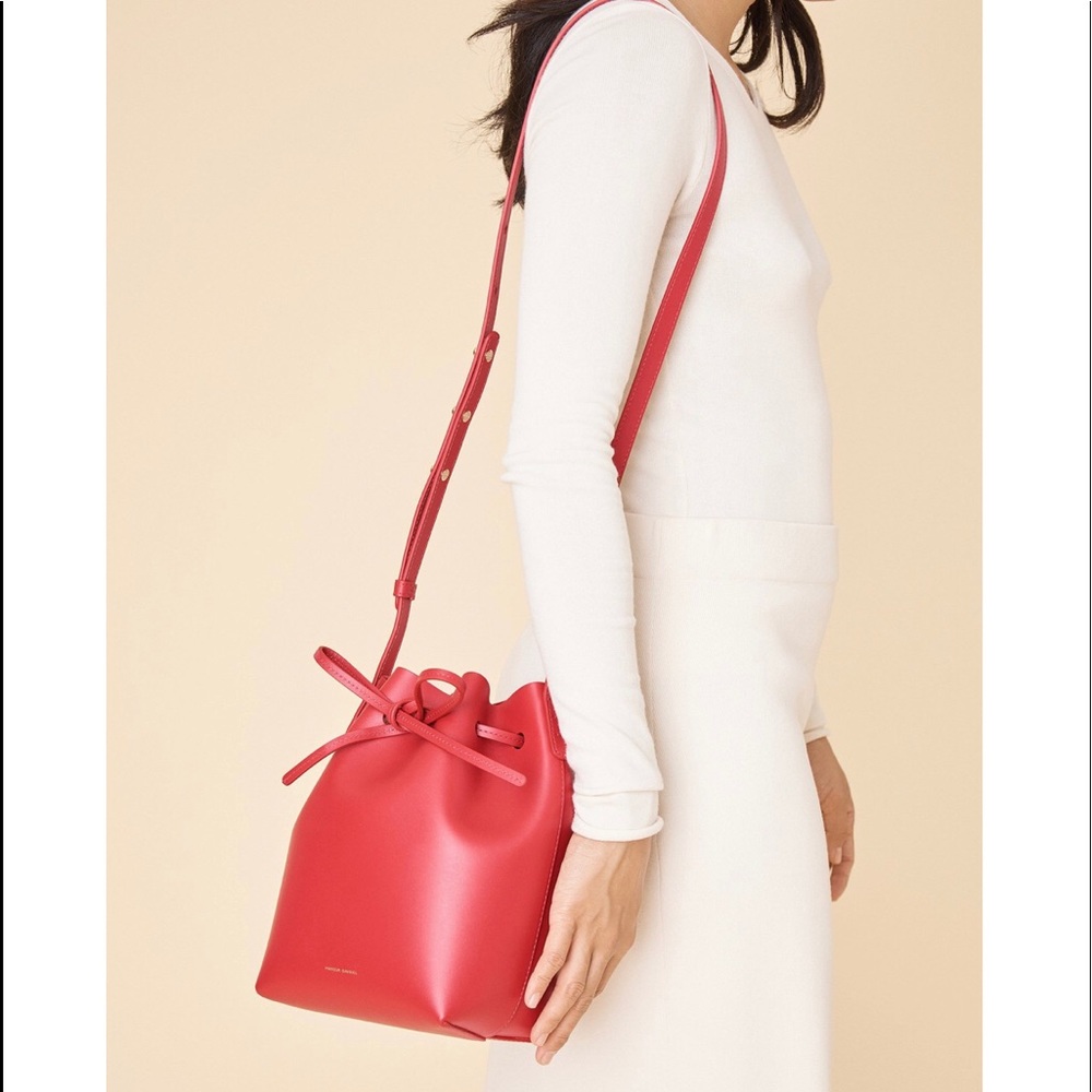 🍒NEW-HTF MANSUR GAVRIEL RED *CALF-LEATHER* MINI-BUCKET BAG (*Calf>Veg Tanned*)